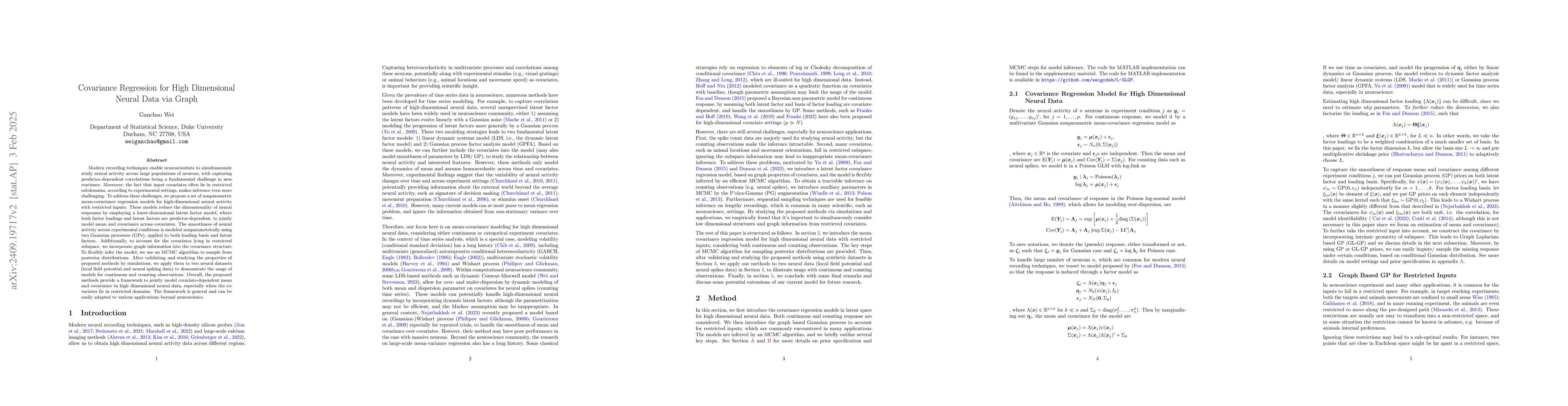 Thumbnail for Nonparametric Covariance Regression for Massive Neural Data on
  Restricted Covariates via Graph