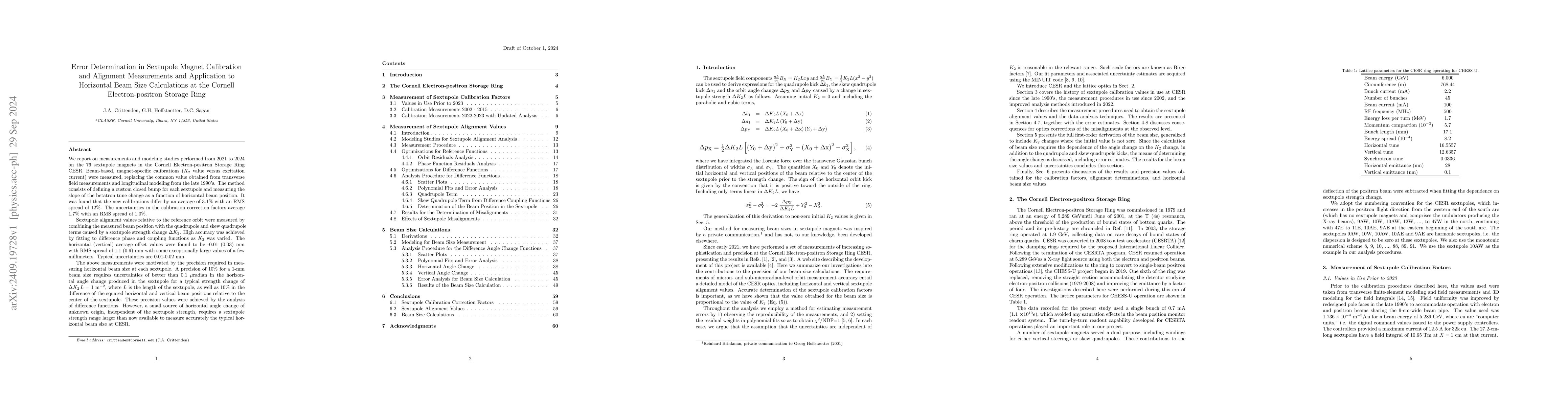 Thumbnail for Error Determination in Sextupole Magnet Calibration and Alignment
  Measurements and Application to Horizontal Beam Size Calculations at the
  Cornell Electron-positron Storage Ring