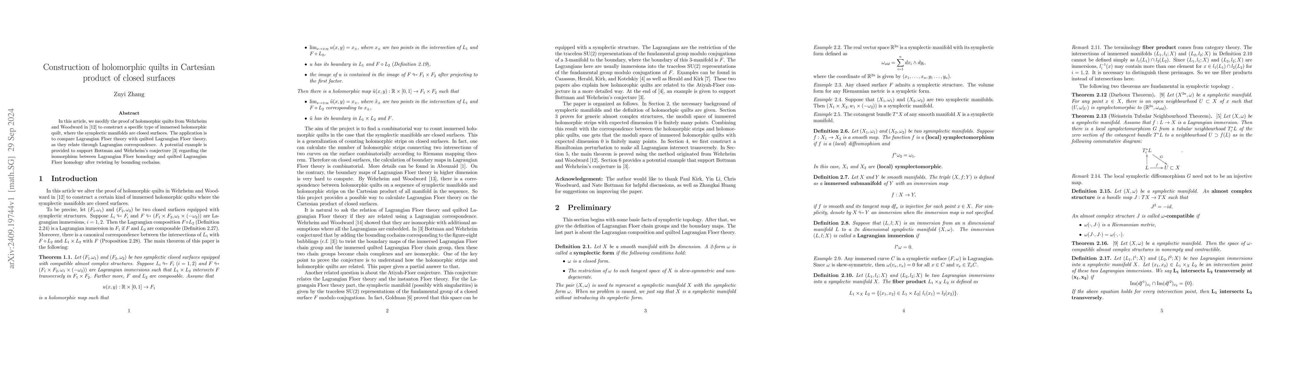 Thumbnail for Construction of holomorphic quilts in Cartesian product of closed
  surfaces