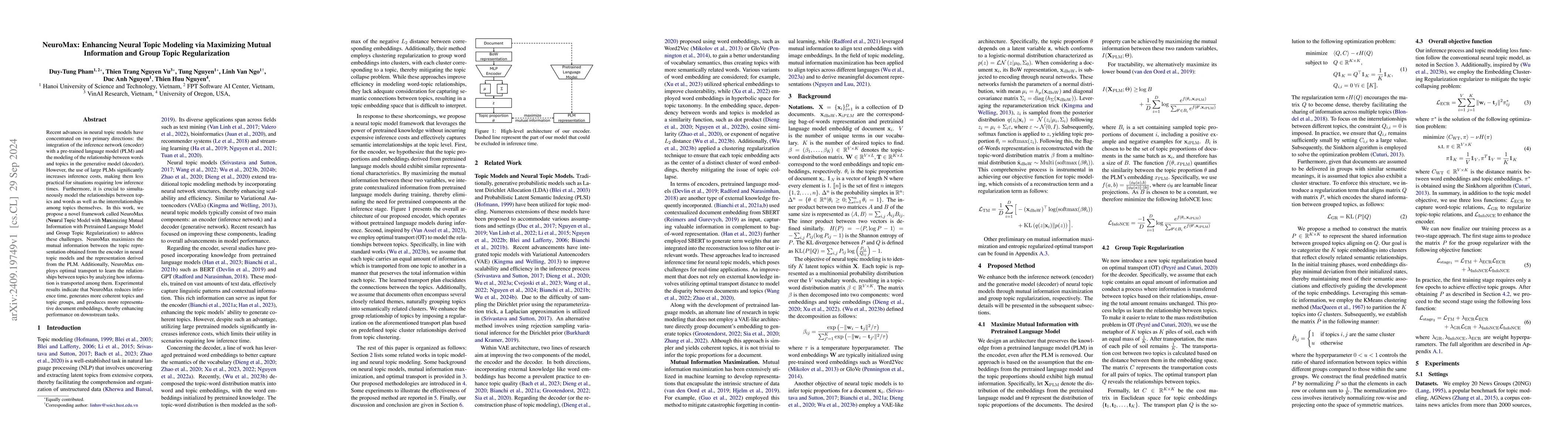 Thumbnail for NeuroMax: Enhancing Neural Topic Modeling via Maximizing Mutual
  Information and Group Topic Regularization