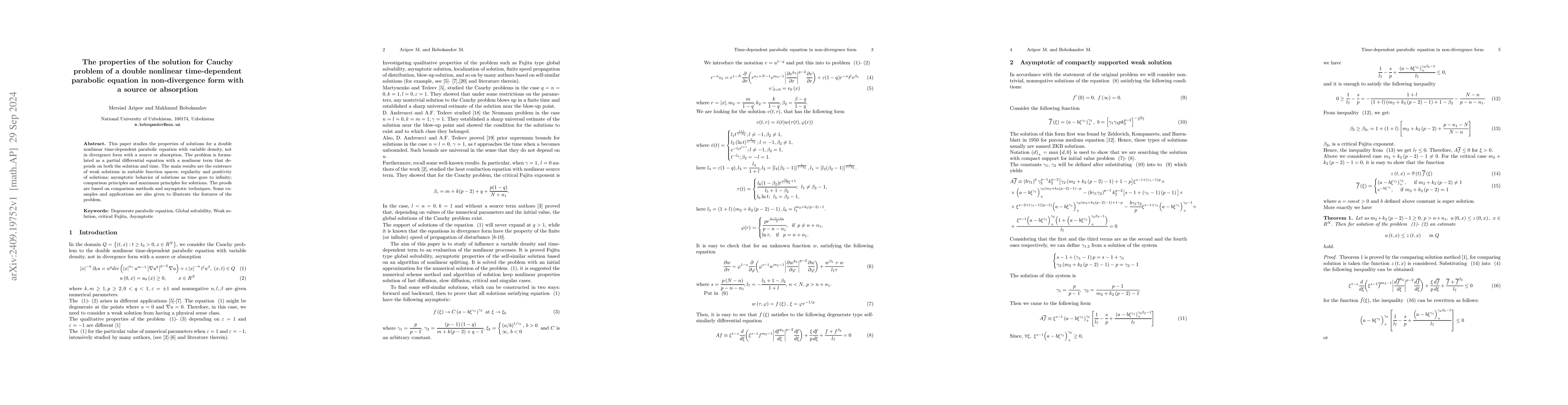 Thumbnail for The properties of the solution for the Cauchy problem of a double
  nonlinear time-dependent parabolic equation in non-divergence form with a
  source or absorption