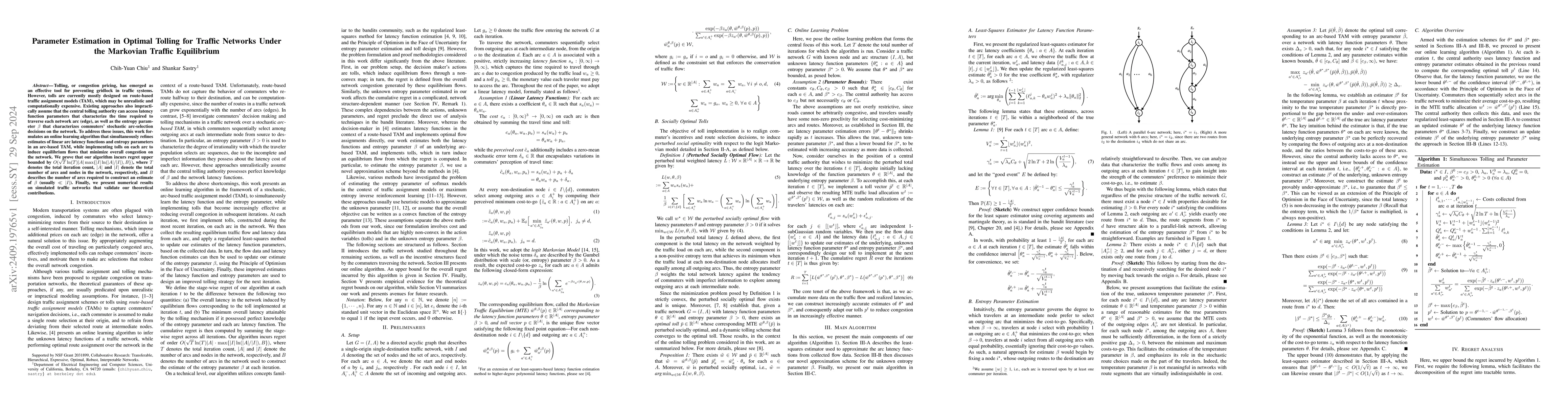 Thumbnail for Parameter Estimation in Optimal Tolling for Traffic Networks Under the
  Markovian Traffic Equilibrium