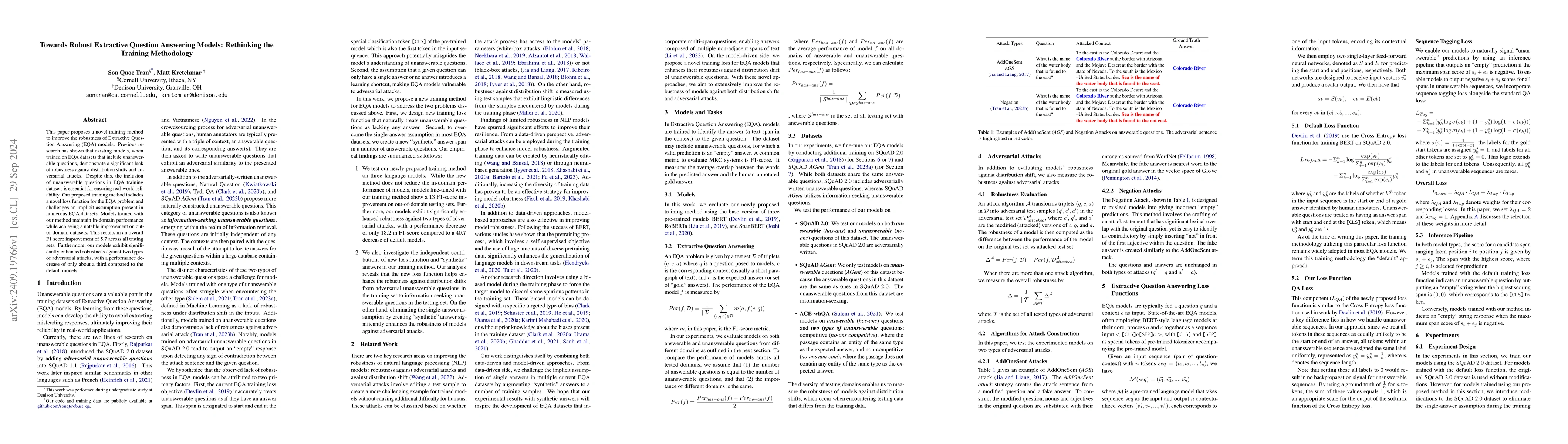Thumbnail for Towards Robust Extractive Question Answering Models: Rethinking the
  Training Methodology