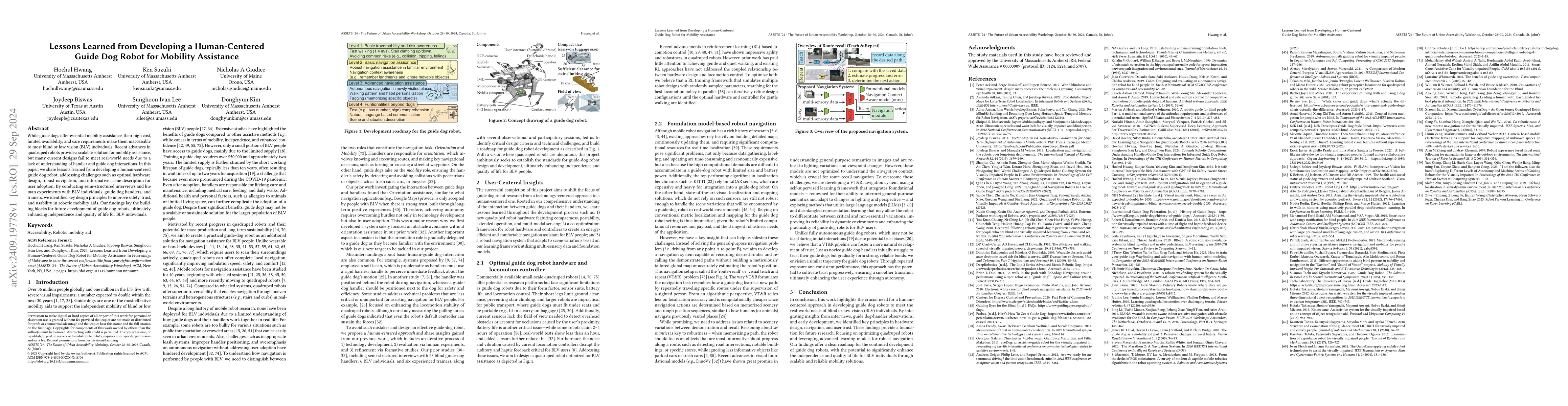 Thumbnail for Lessons Learned from Developing a Human-Centered Guide Dog Robot for
  Mobility Assistance