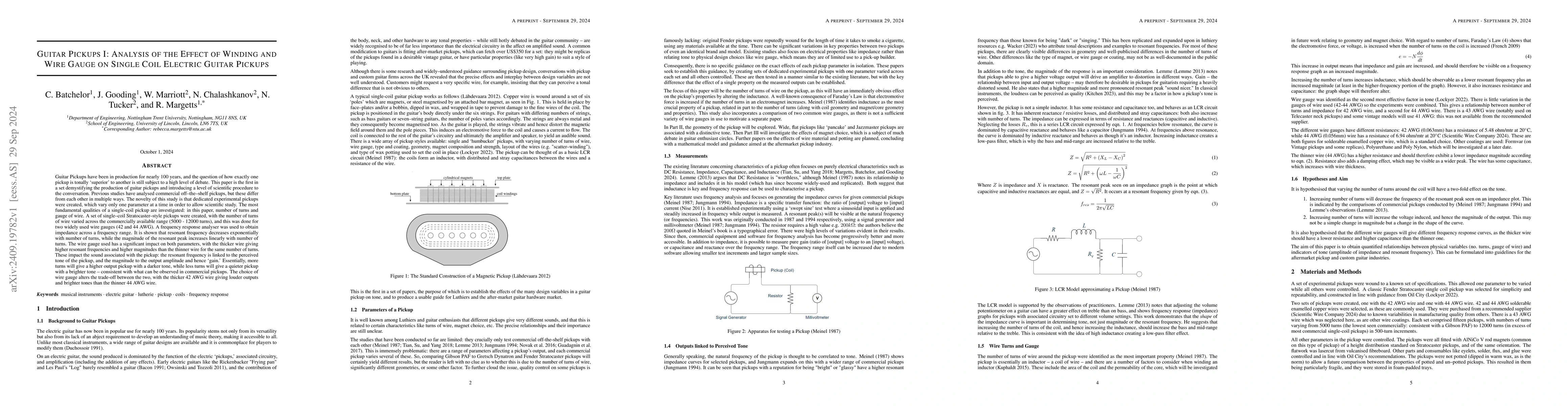 Thumbnail for Guitar Pickups I: Analysis of the Effect of Winding and Wire Gauge on
  Single Coil Electric Guitar Pickups