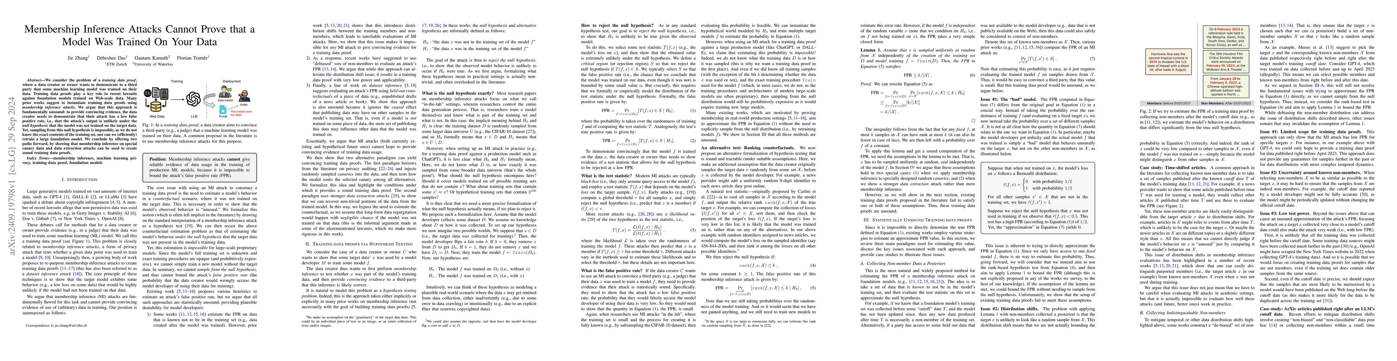 Thumbnail for Membership Inference Attacks Cannot Prove that a Model Was Trained On
  Your Data