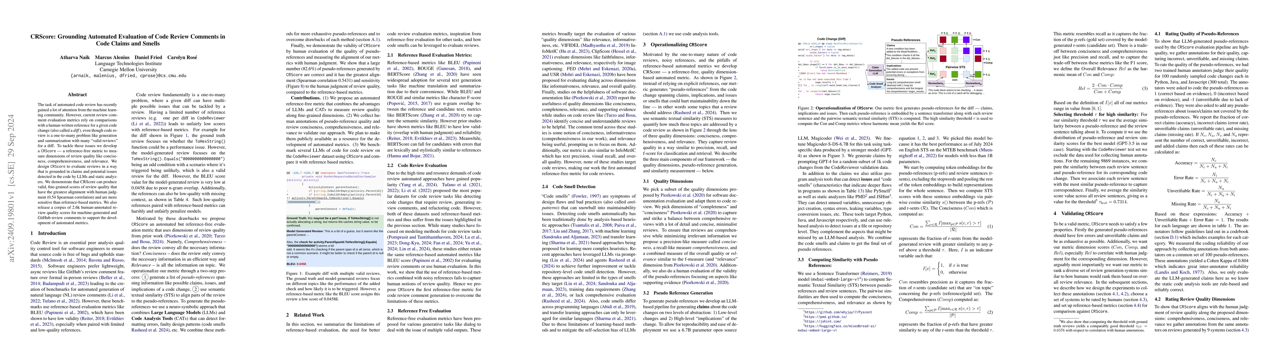 Thumbnail for CRScore: Grounding Automated Evaluation of Code Review Comments in Code
  Claims and Smells