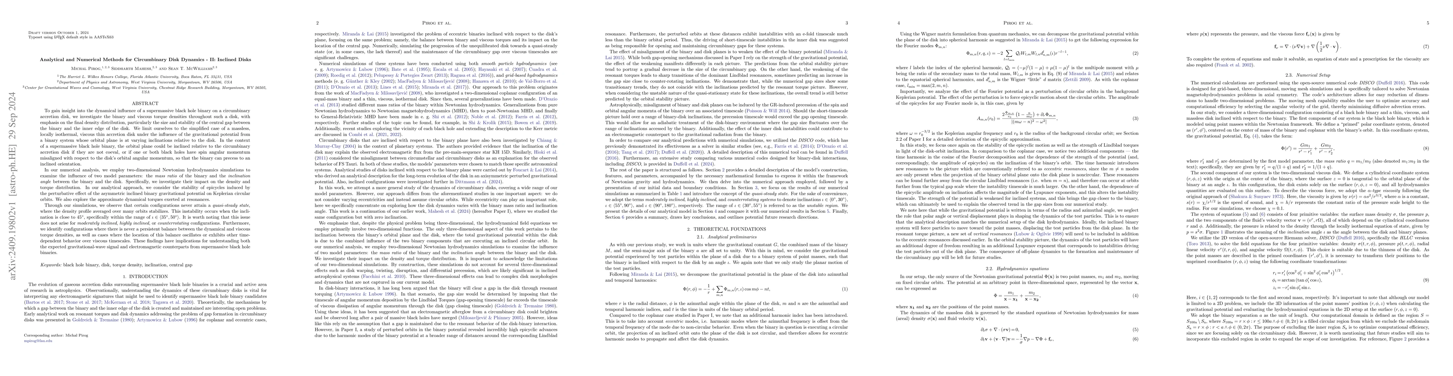 Thumbnail for Analytical and Numerical Methods for Circumbinary Disk Dynamics -- II:
  Inclined Disks