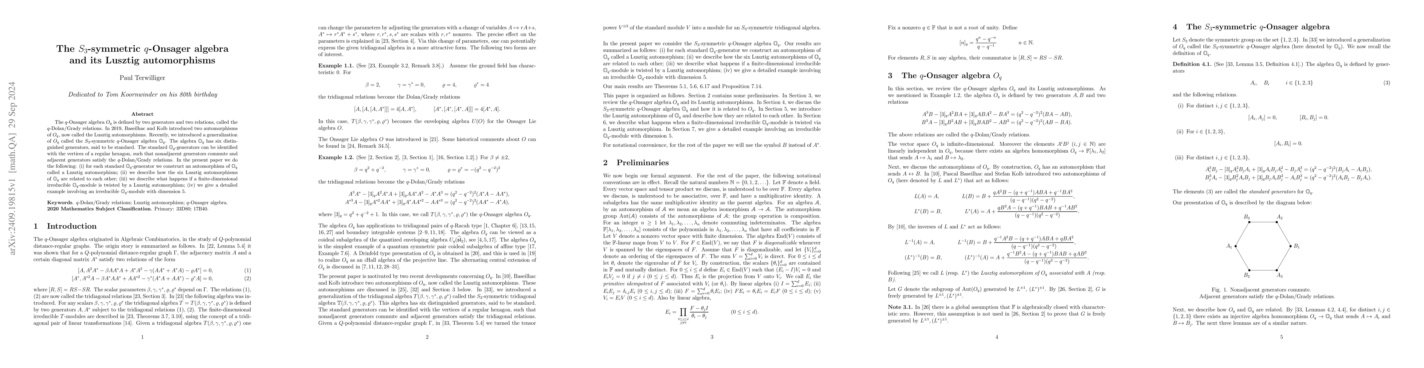 Thumbnail for The $S_3$-symmetric $q$-Onsager algebra and its Lusztig automorphisms