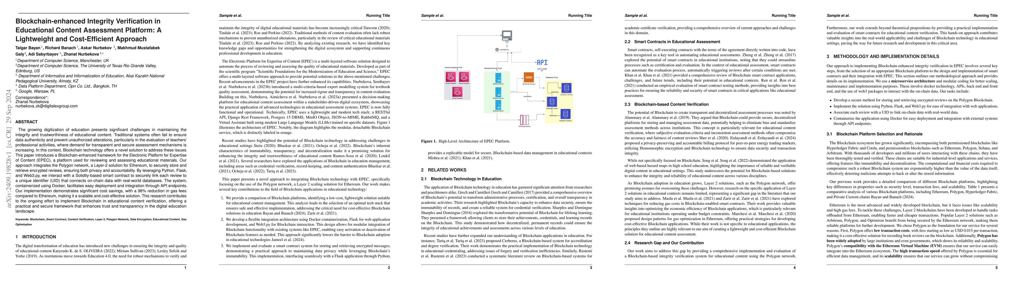 Thumbnail for Blockchain-enhanced Integrity Verification in Educational Content
  Assessment Platform: A Lightweight and Cost-Efficient Approach