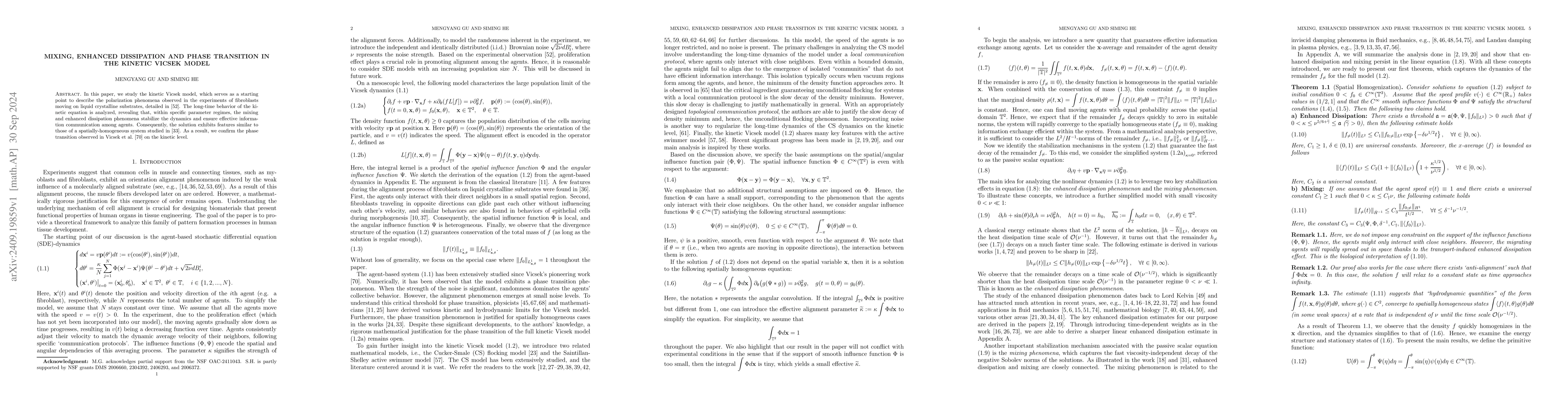 Thumbnail for Mixing, Enhanced Dissipation and Phase Transition in the Kinetic Vicsek
  Model