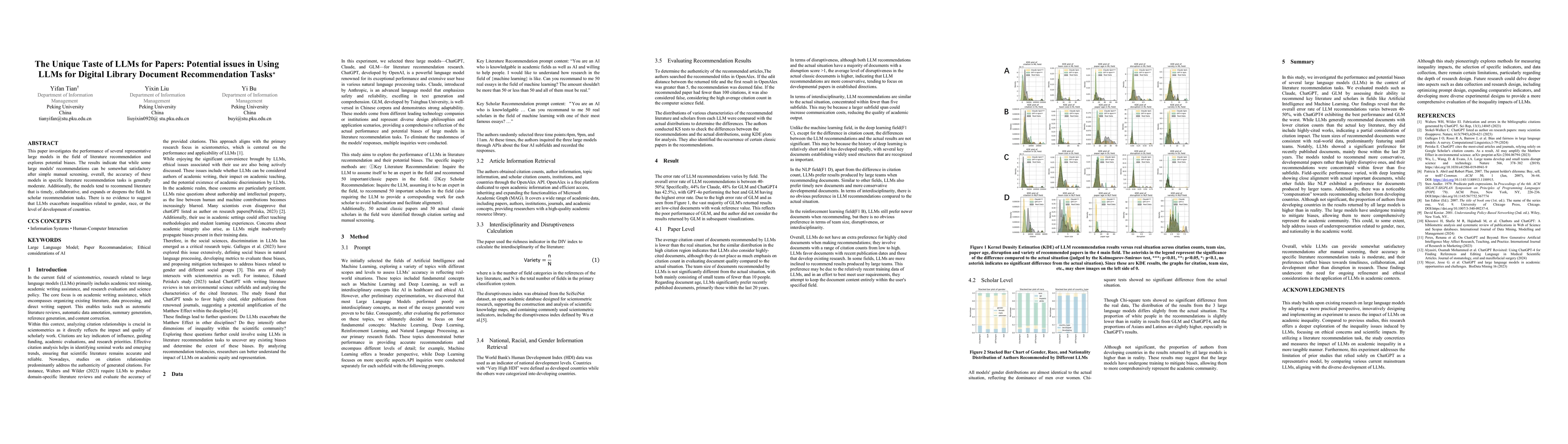 Thumbnail for The Unique Taste of LLMs for Papers: Potential issues in Using LLMs for
  Digital Library Document Recommendation Tasks
