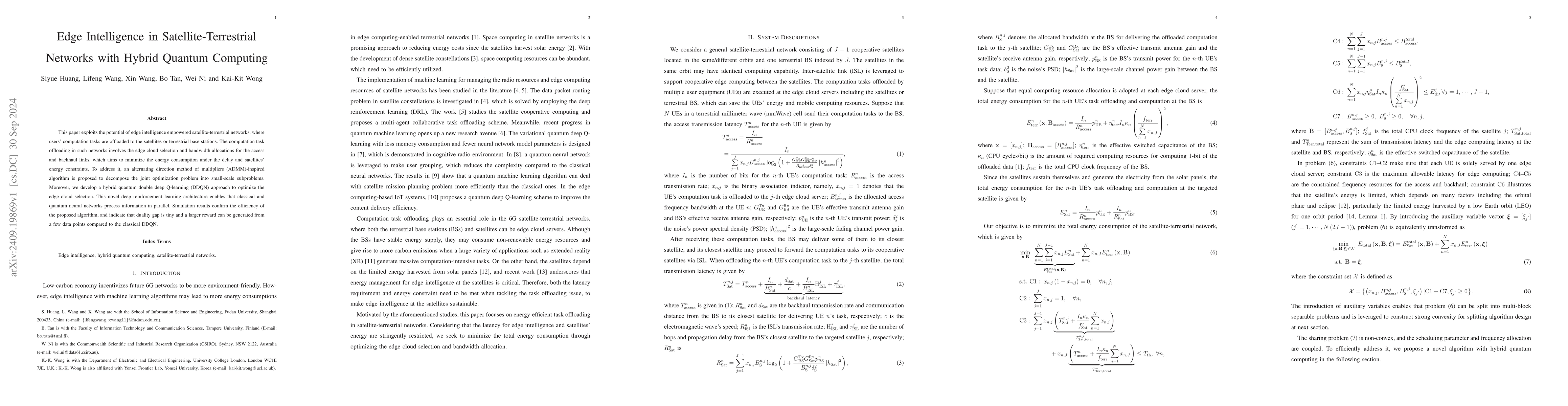 Thumbnail for Edge Intelligence in Satellite-Terrestrial Networks with Hybrid Quantum
  Computing