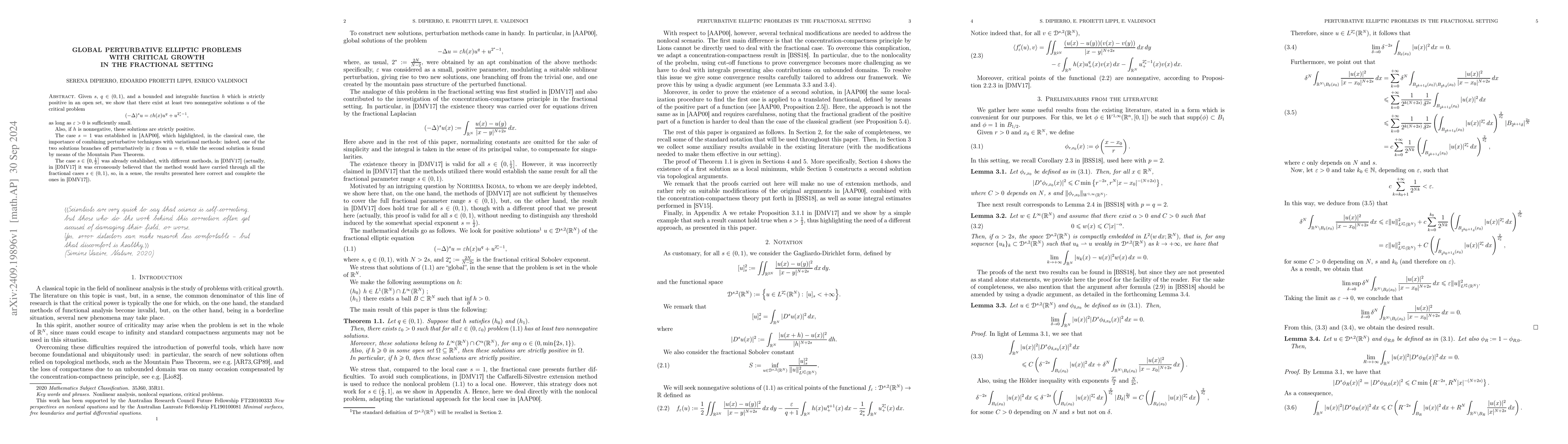 Thumbnail for Global perturbative elliptic problems with critical growth in the
  fractional setting