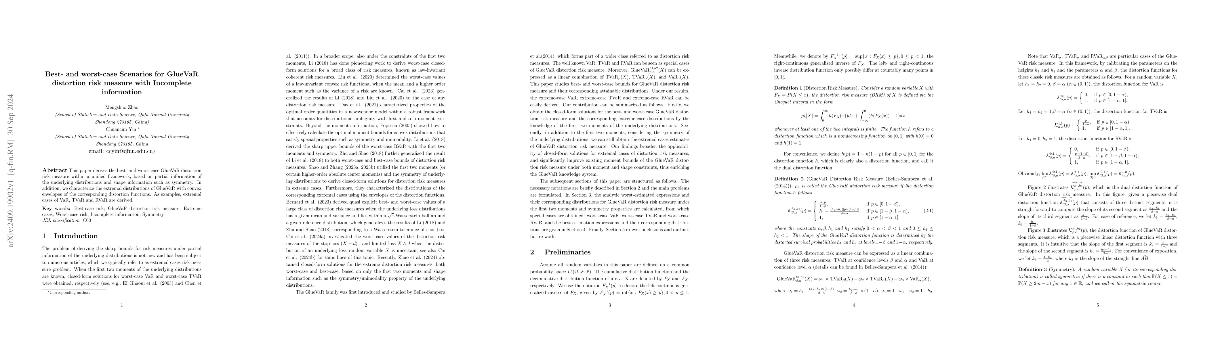 Thumbnail for Best- and worst-case Scenarios for GlueVaR distortion risk measure with
  Incomplete information