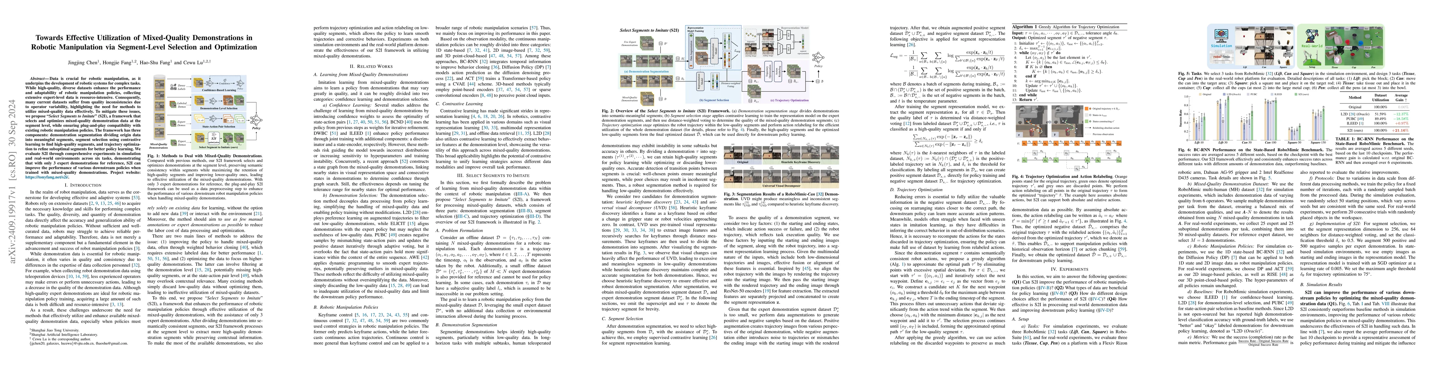Thumbnail for Towards Effective Utilization of Mixed-Quality Demonstrations in Robotic
  Manipulation via Segment-Level Selection and Optimization