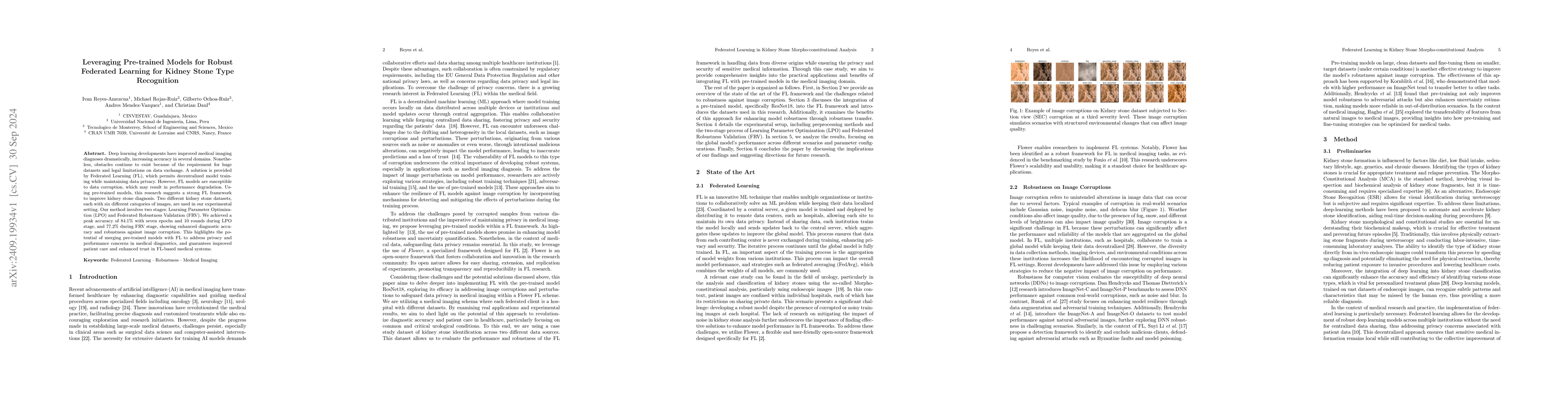 Thumbnail for Leveraging Pre-trained Models for Robust Federated Learning for Kidney
  Stone Type Recognition