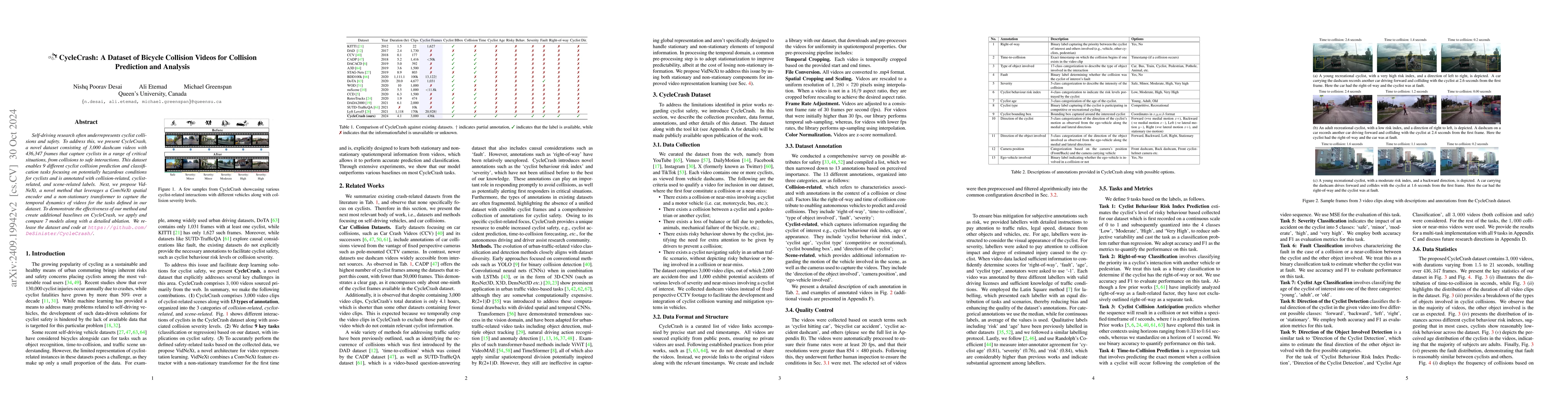 Thumbnail for CycleCrash: A Dataset of Bicycle Collision Videos for Collision
  Prediction and Analysis