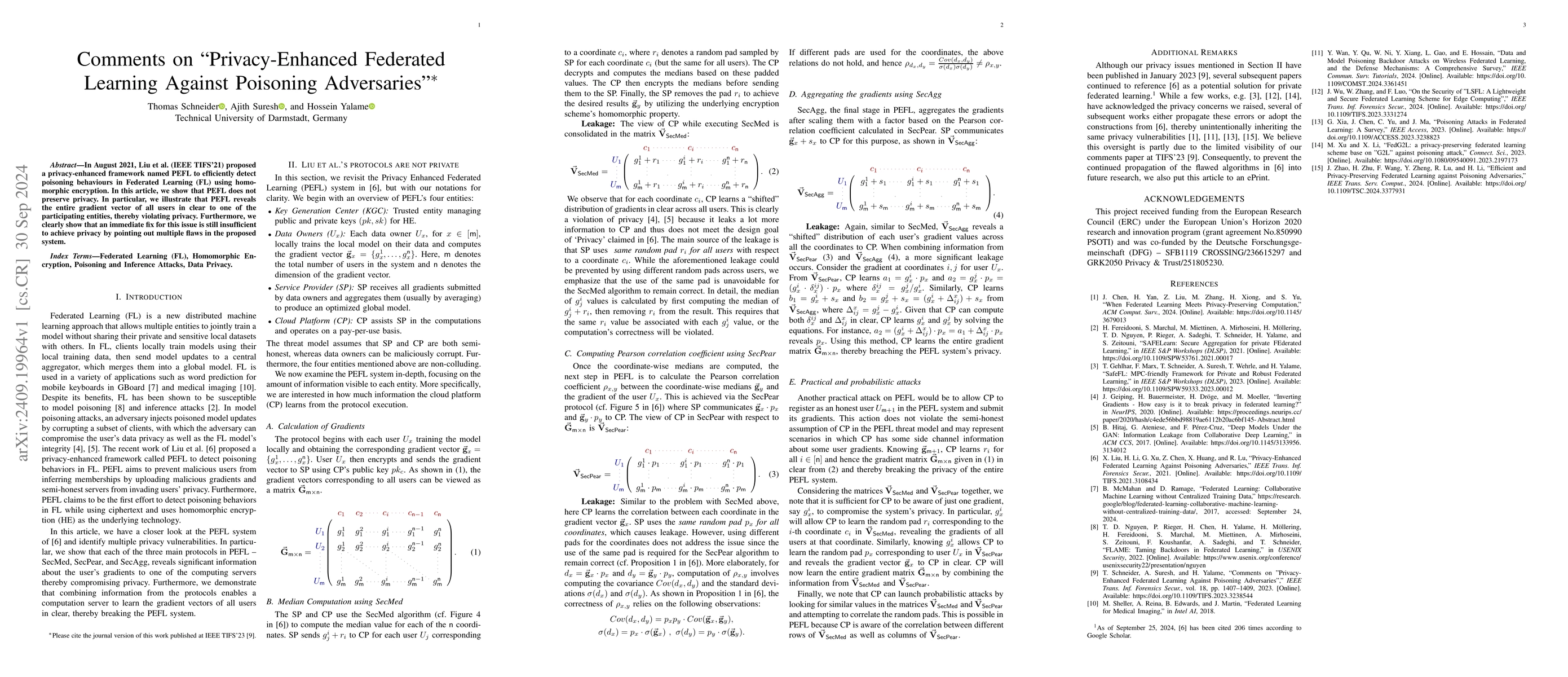 Thumbnail for Comments on "Privacy-Enhanced Federated Learning Against Poisoning
  Adversaries"