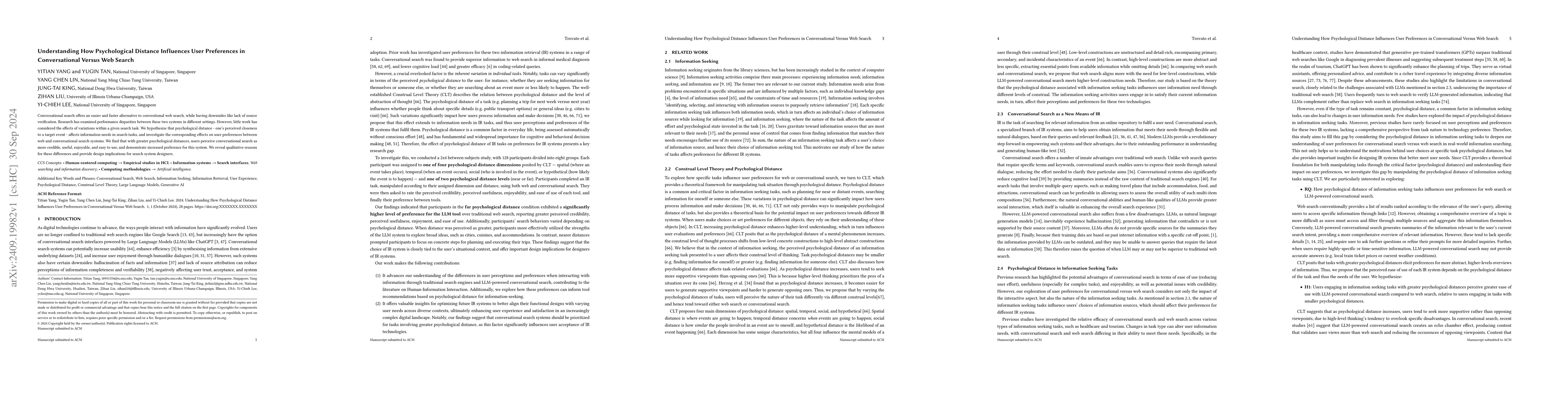 Thumbnail for Understanding How Psychological Distance Influences User Preferences in
  Conversational Versus Web Search
