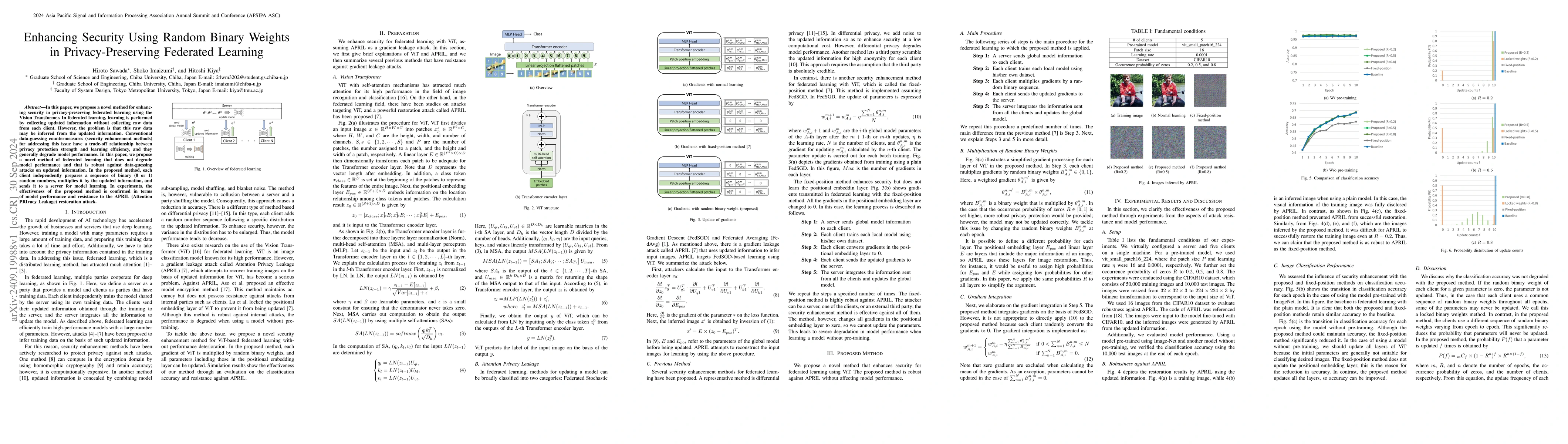 Thumbnail for Enhancing Security Using Random Binary Weights in Privacy-Preserving
  Federated Learning