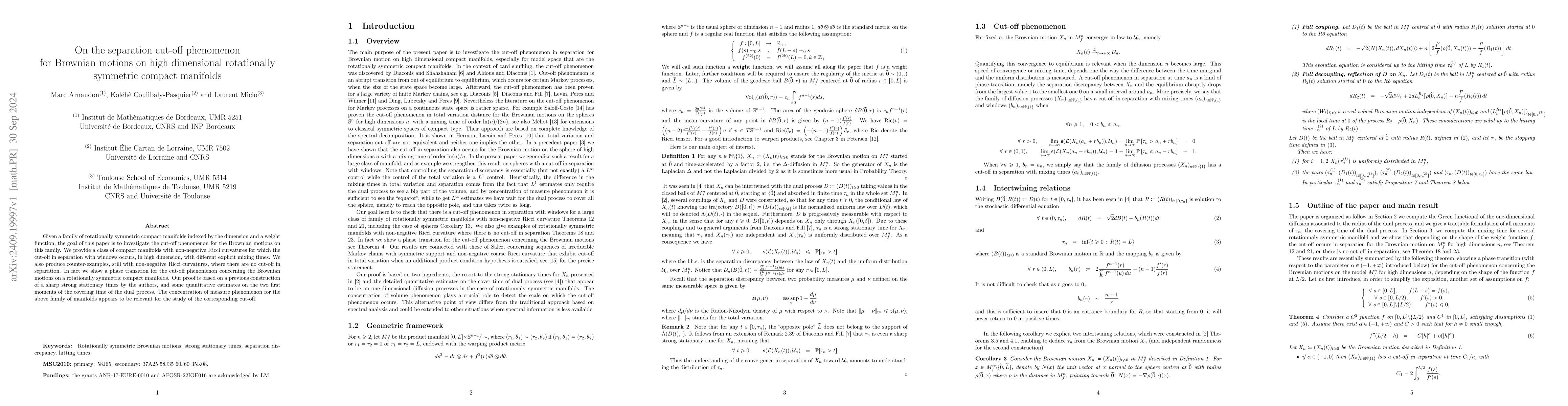Thumbnail for On the separation cut-off phenomenon for Brownian motions on high
  dimensional rotationally symmetric compact manifolds