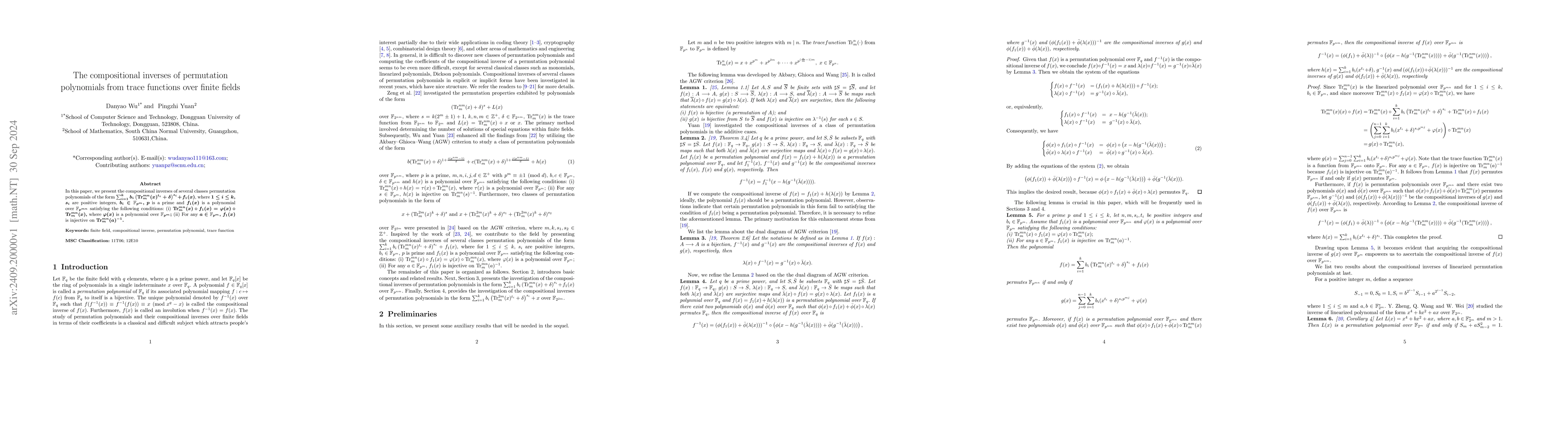 Thumbnail for The compositional inverses of permutation polynomials from trace
  functions over finite fields