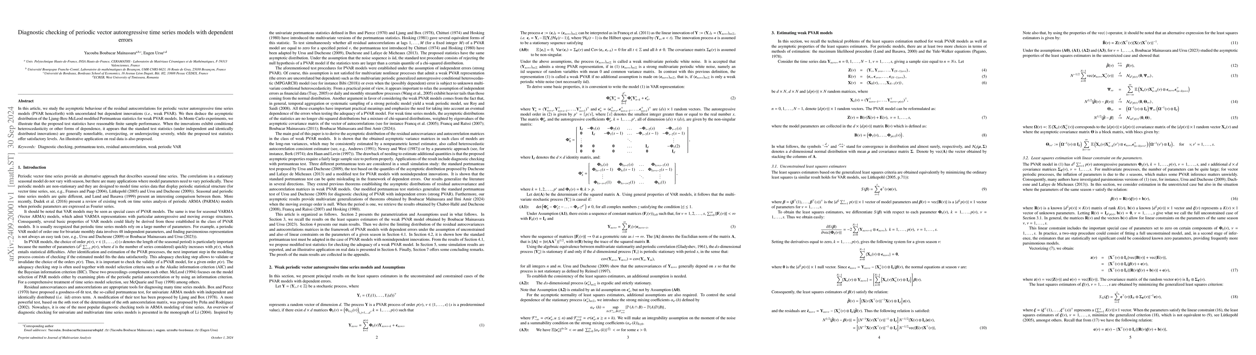 Thumbnail for Diagnostic checking of periodic vector autoregressive time series models
  with dependent errors