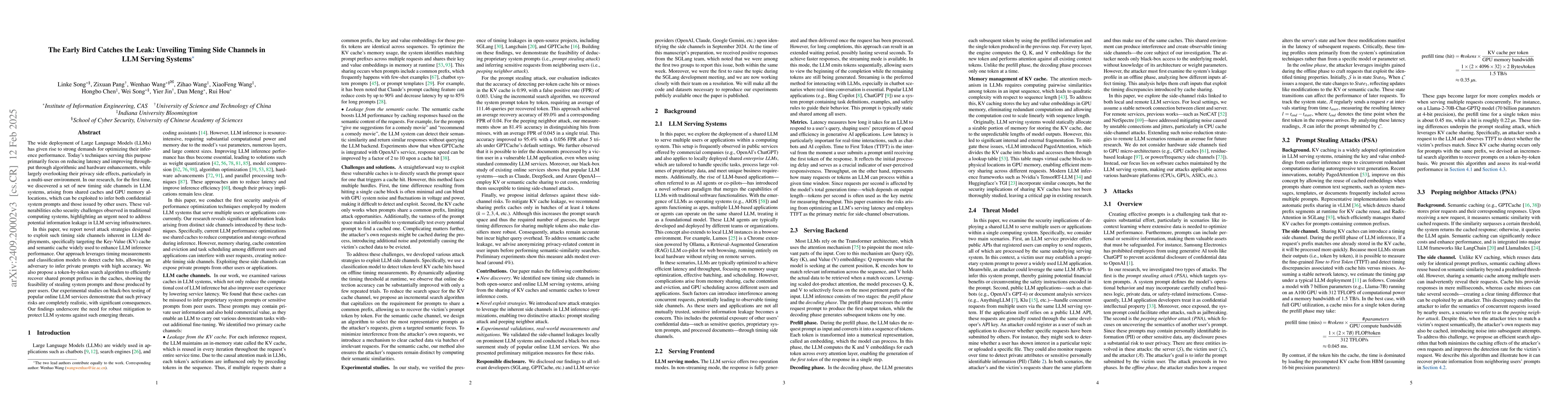 Thumbnail for The Early Bird Catches the Leak: Unveiling Timing Side Channels in LLM
  Serving Systems