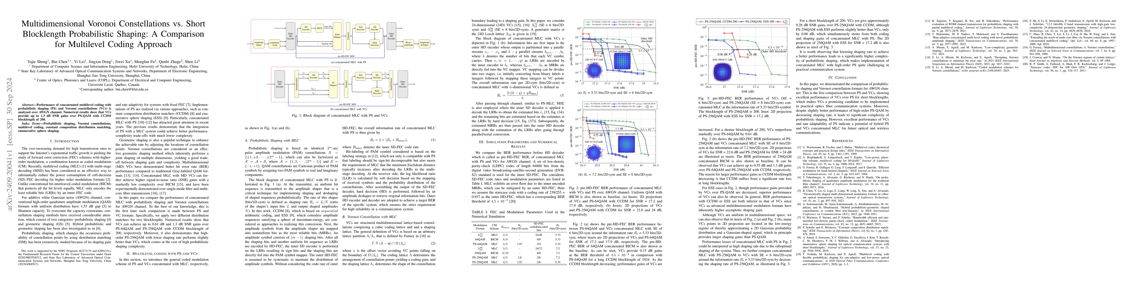 Thumbnail for Multidimensional Voronoi Constellations vs. Short Blocklength
  Probabilistic Shaping: A Comparison for Multilevel Coding Approach