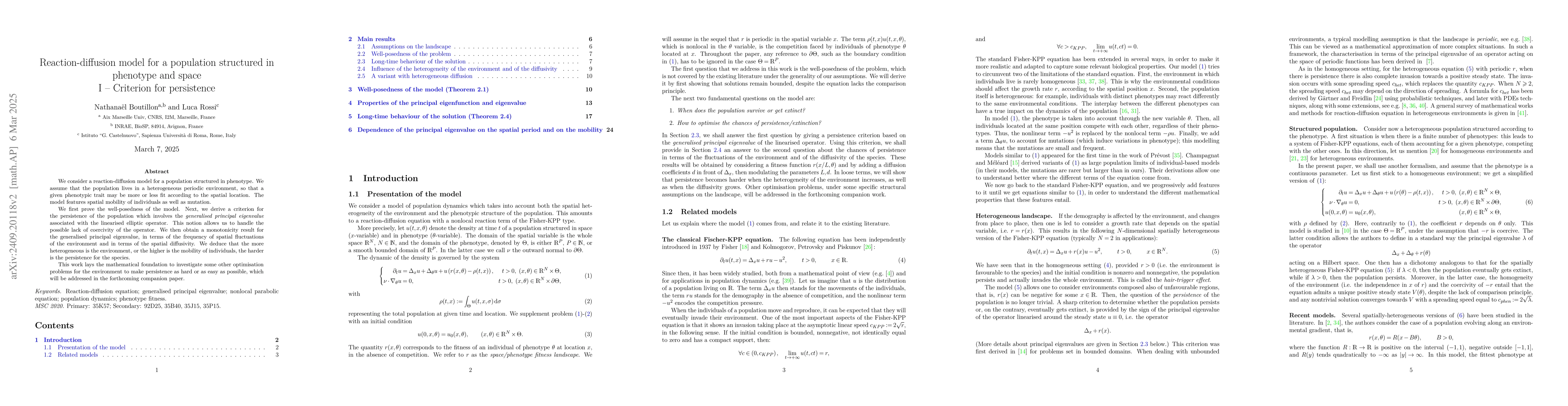 Thumbnail for Reaction-diffusion model for a population structured in phenotype and
  space I -- Criterion for persistence