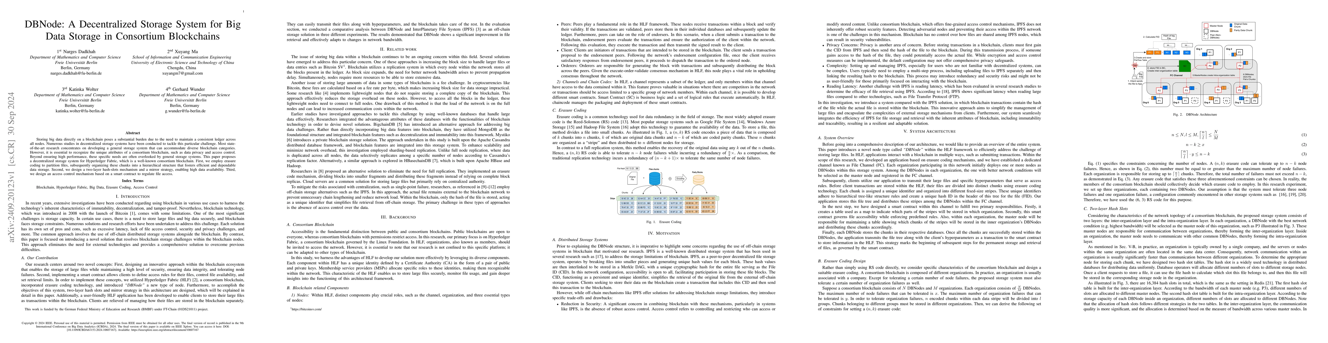 Thumbnail for DBNode: A Decentralized Storage System for Big Data Storage in
  Consortium Blockchains