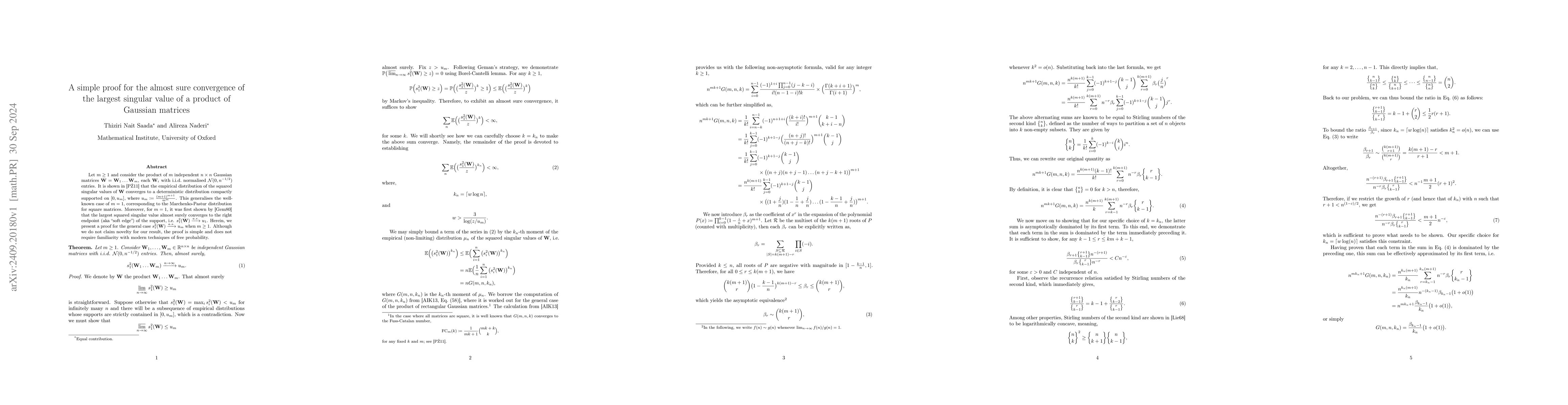 Thumbnail for A simple proof for the almost sure convergence of the largest singular
  value of a product of Gaussian matrices