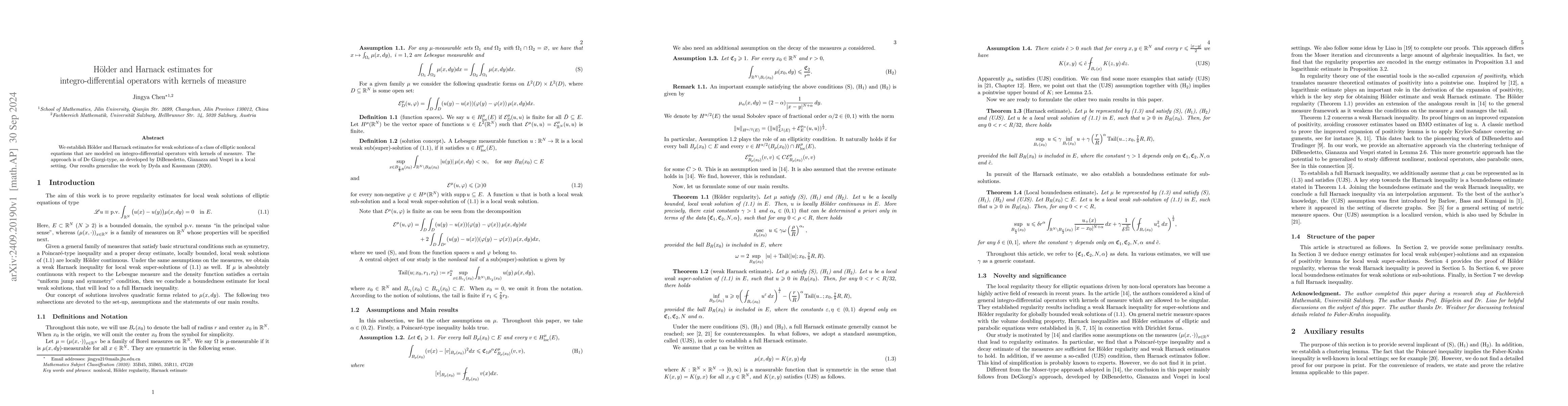 Thumbnail for Hölder and Harnack estimates for integro-differential operators with
  kernels of measure