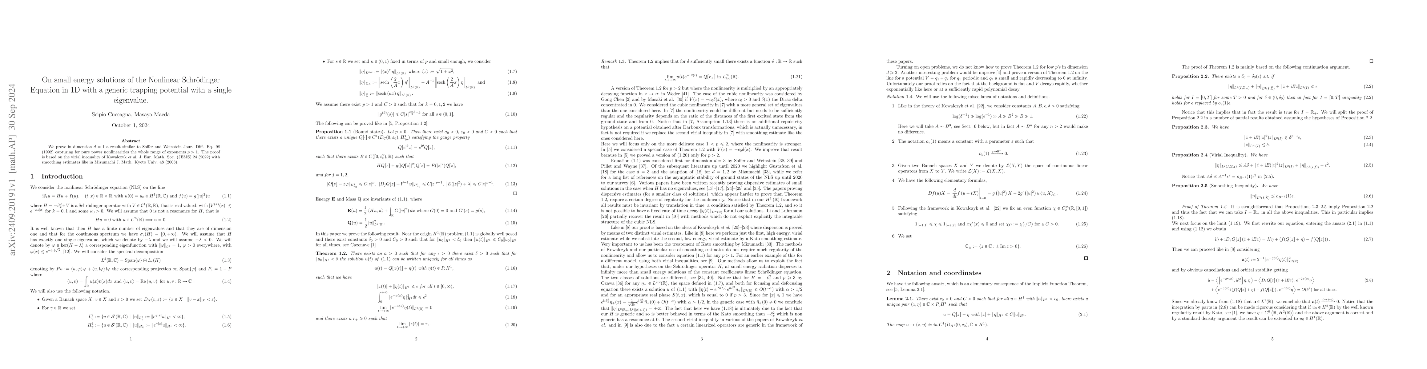 Thumbnail for On small energy solutions of the Nonlinear Schrödinger Equation in 1D
  with a generic trapping potential with a single eigenvalue