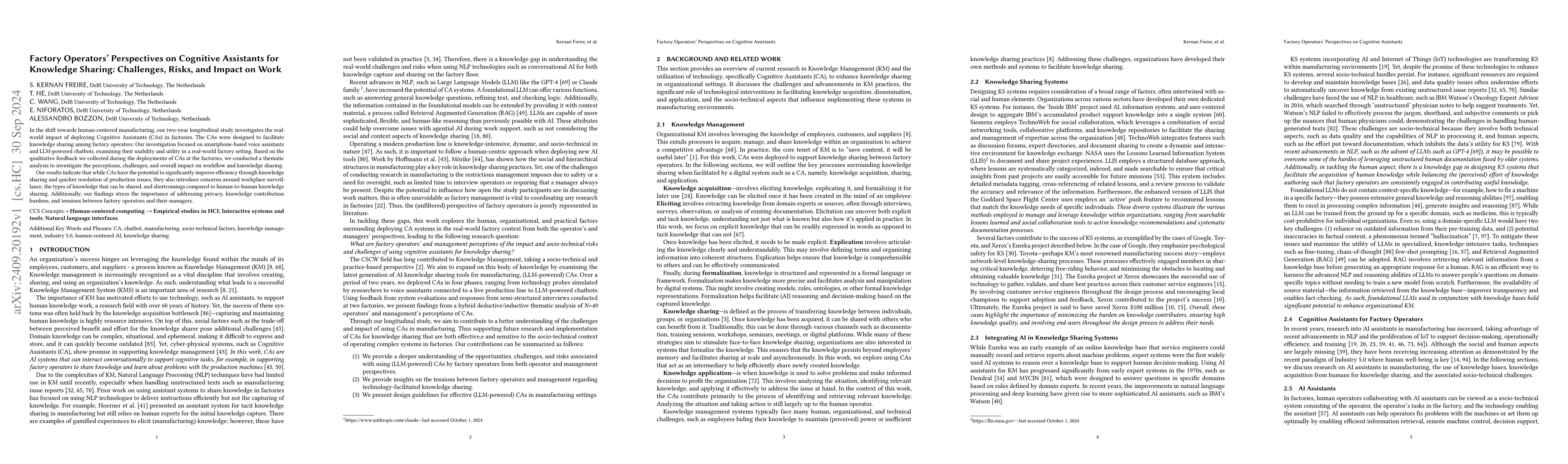 Thumbnail for Factory Operators' Perspectives on Cognitive Assistants for Knowledge
  Sharing: Challenges, Risks, and Impact on Work