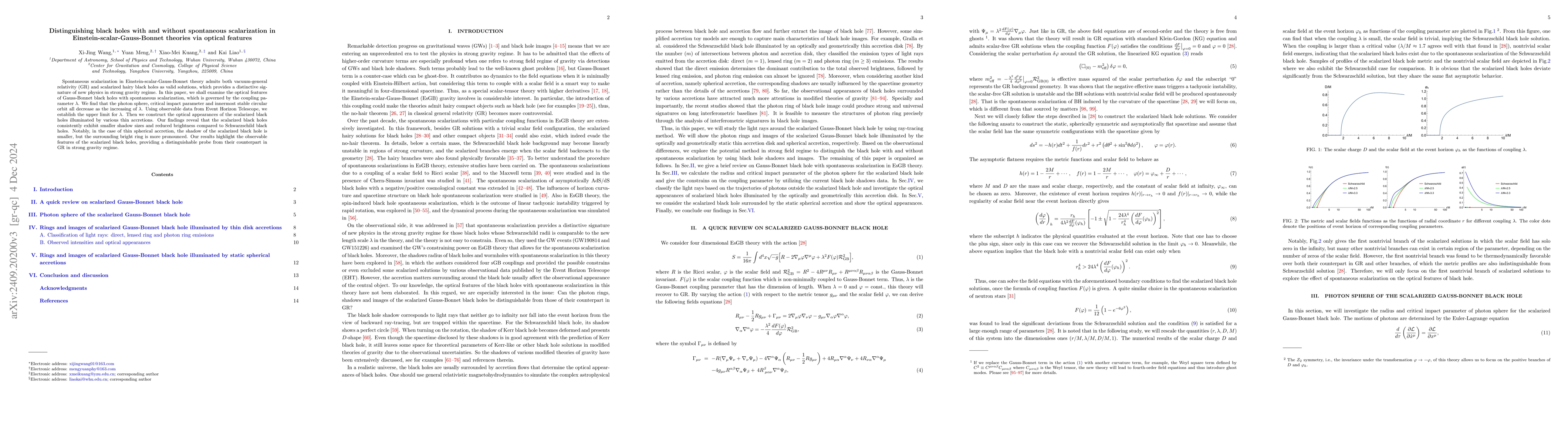 Thumbnail for Distinguishing black holes with and without spontaneous scalarization in
  Einstein-scalar-Gauss-Bonnet theories via optical features