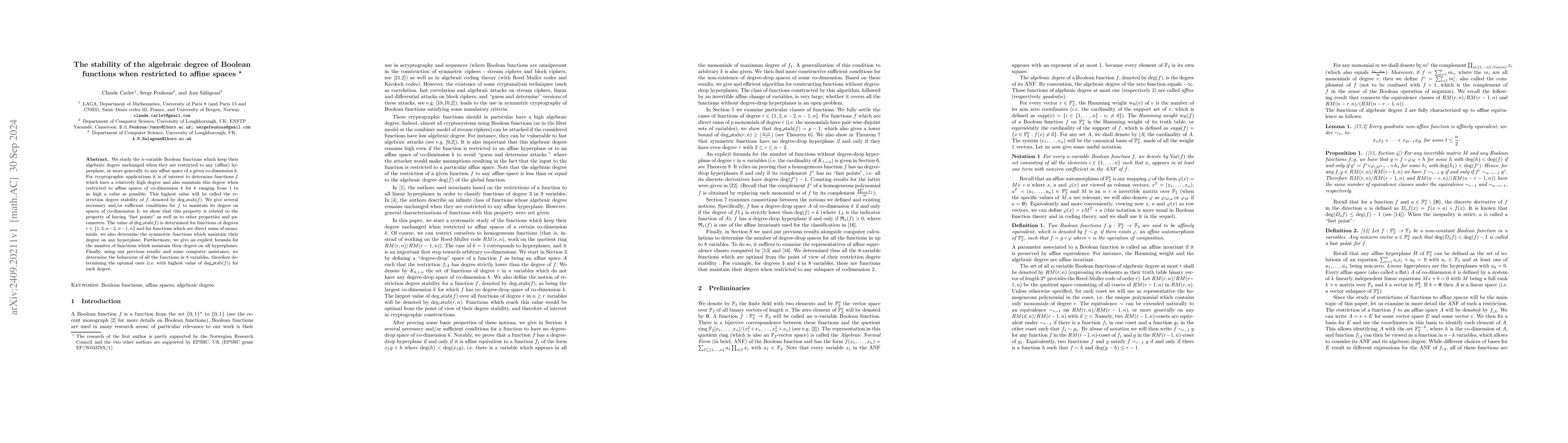 Thumbnail for The stability of the algebraic degree of Boolean functions when
  restricted to affine spaces