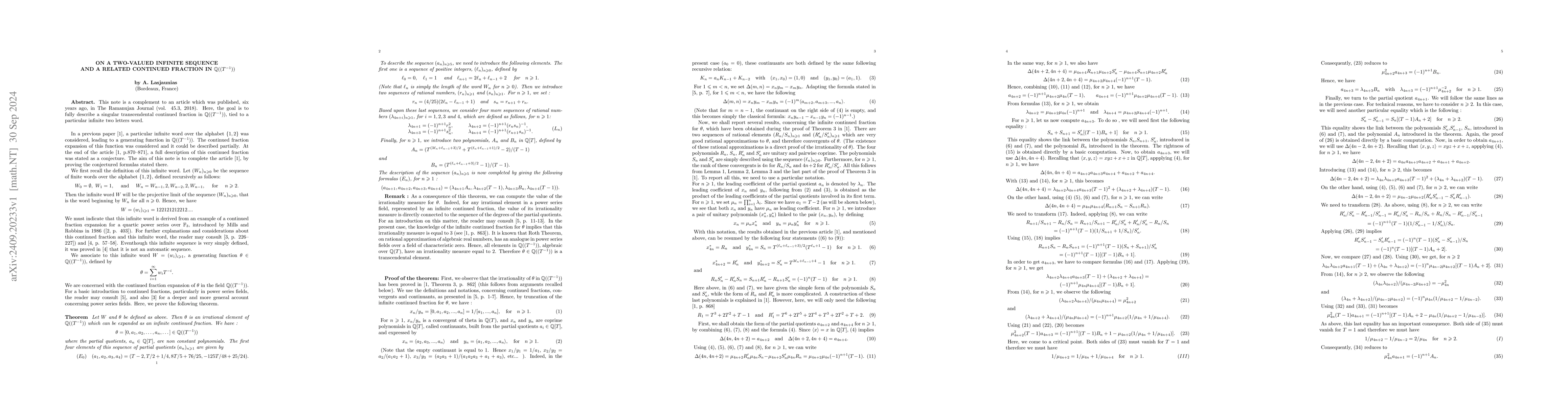 Thumbnail for On a two-valued infinite sequence and a related continued fraction in
  Q((T^-1))