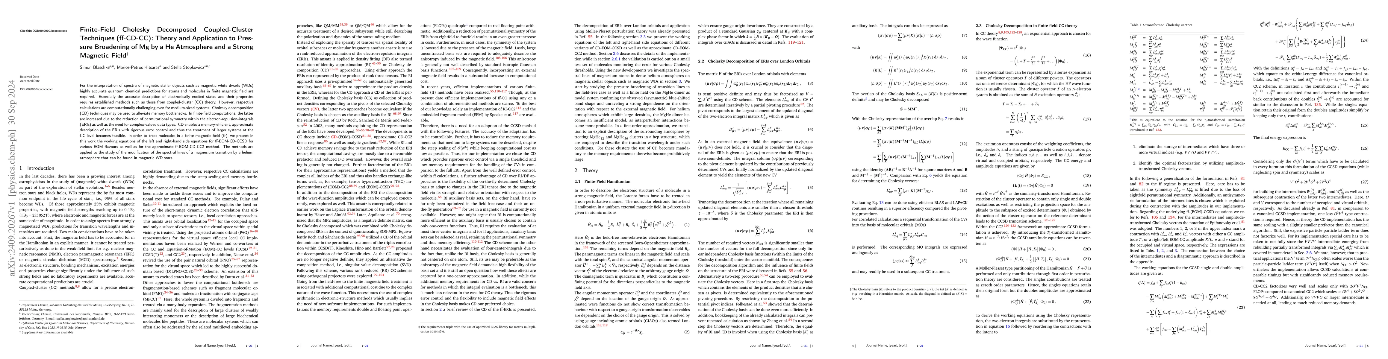 Thumbnail for Finite-Field Cholesky Decomposed Coupled-Cluster Techniques (ff-CD-CC):
  Theory and Application to Pressure Broadening of Mg by a He Atmosphere and a
  Strong Magnetic Field