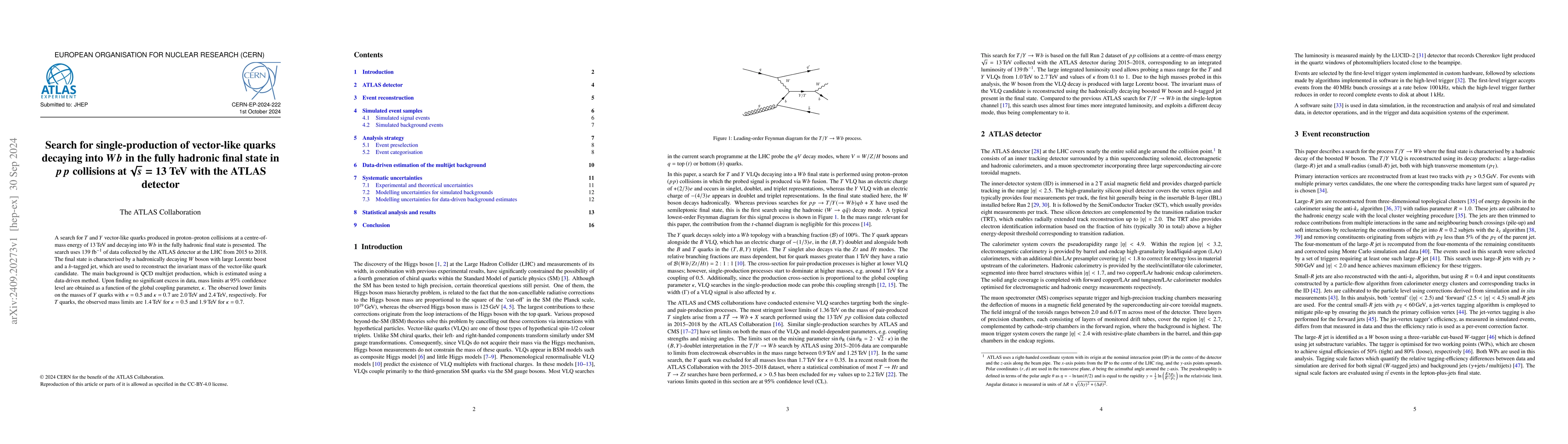 Thumbnail for Search for single-production of vector-like quarks decaying into $Wb$ in
  the fully hadronic final state in $pp$ collisions at $\sqrt{s} = 13$ TeV with
  the ATLAS detector