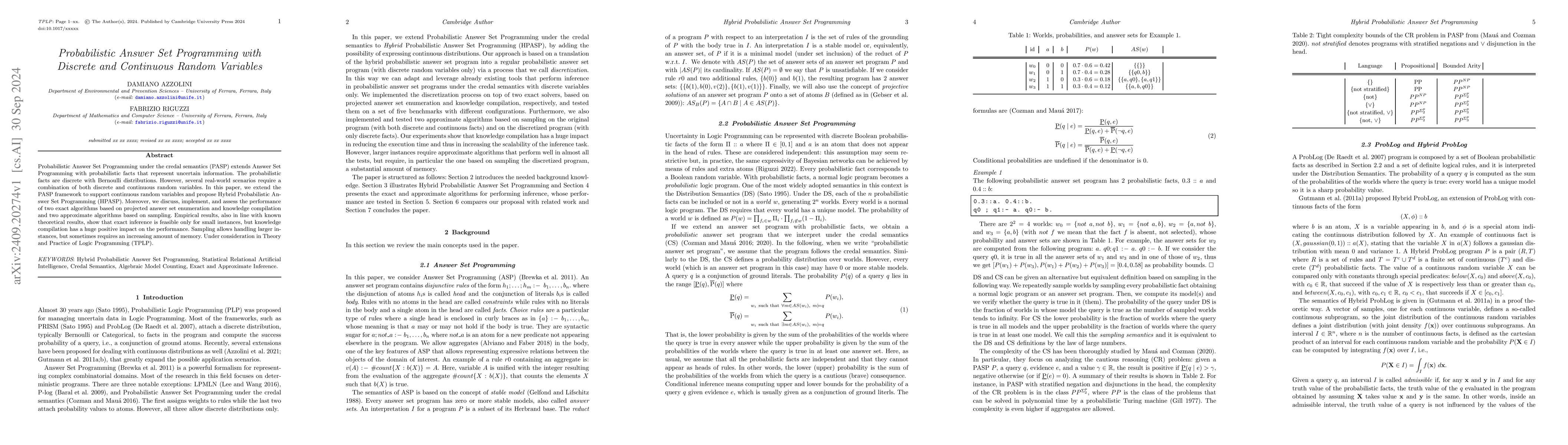 Thumbnail for Probabilistic Answer Set Programming with Discrete and Continuous Random
  Variables