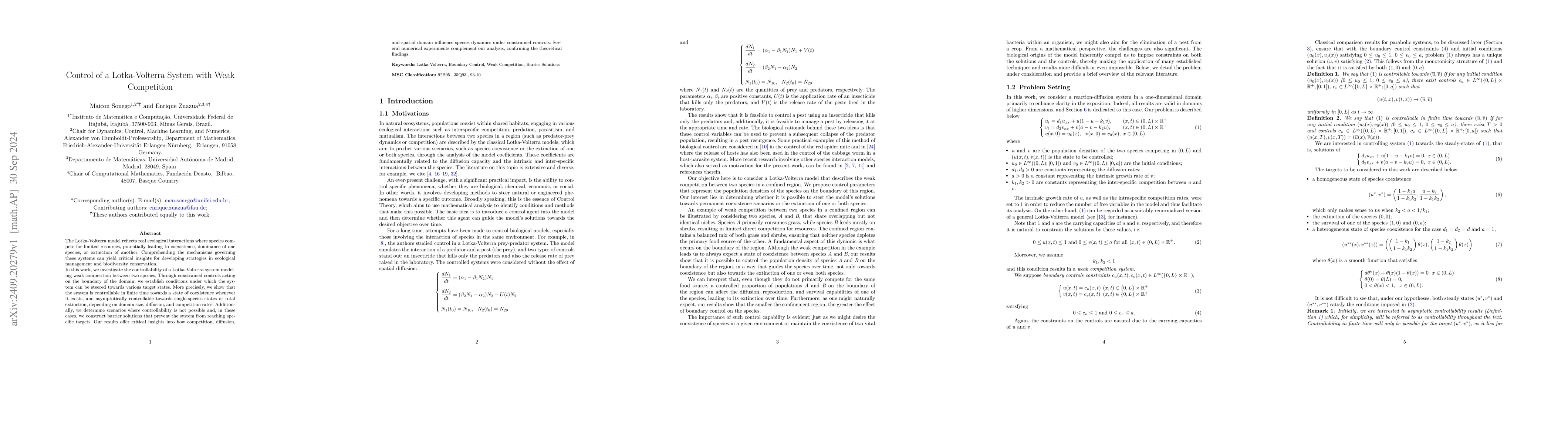 Thumbnail for Control of a Lotka-Volterra System with Weak Competition