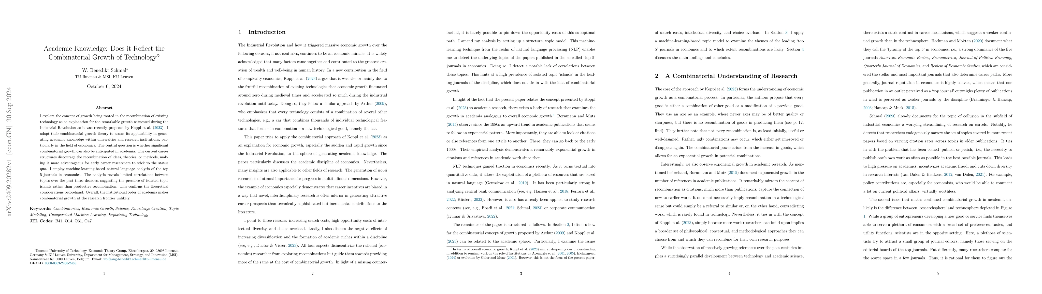 Thumbnail for Academic Knowledge: Does it Reflect the Combinatorial Growth of
  Technology?