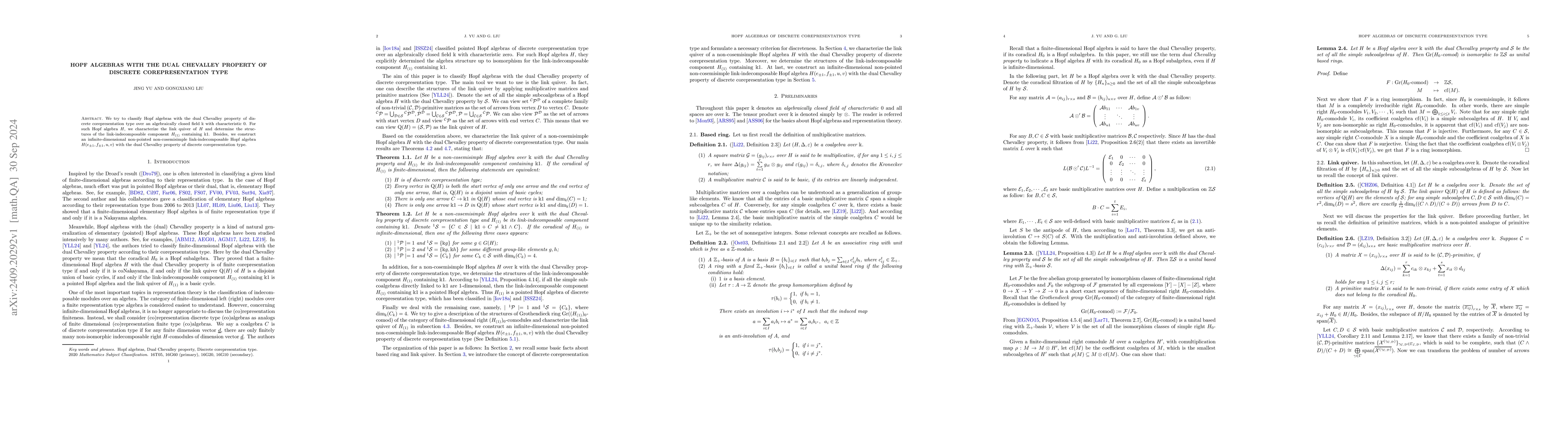 Thumbnail for Hopf algebras with the dual Chevalley property of discrete
  corepresentation type