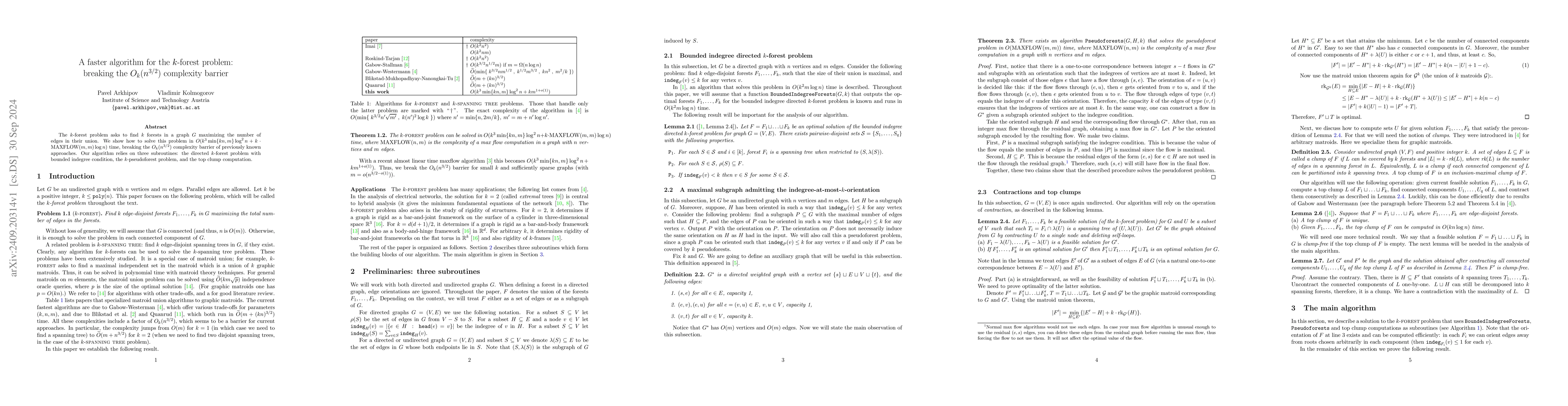 Thumbnail for A faster algorithm for the $k$-forest problem: breaking the
  $O_k(n^{3/2})$ complexity barrier