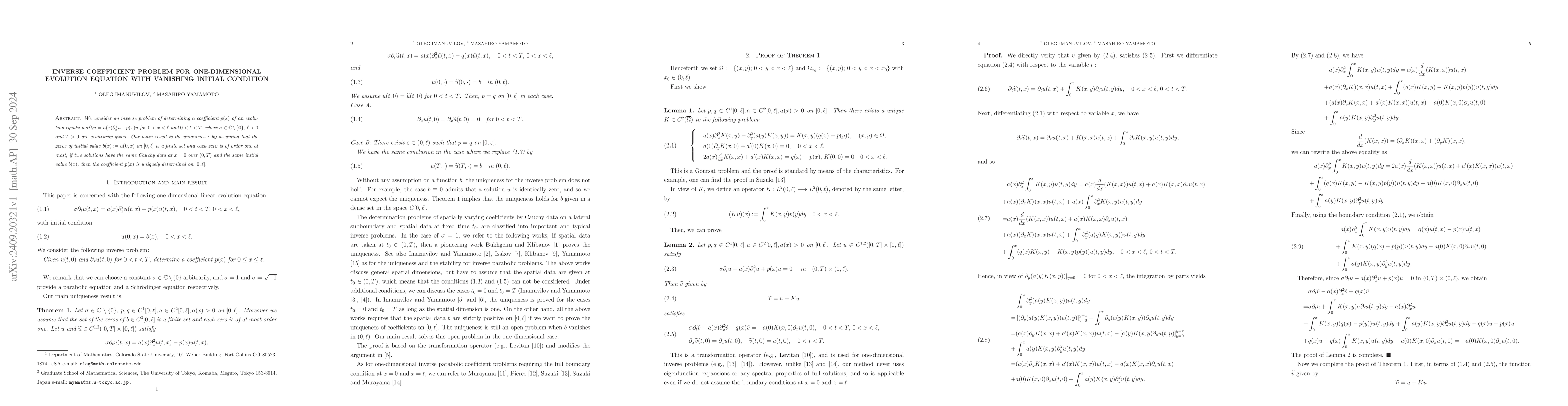 Thumbnail for Inverse coefficient problem for one-dimensional evolution equation
  vanishing initial condition