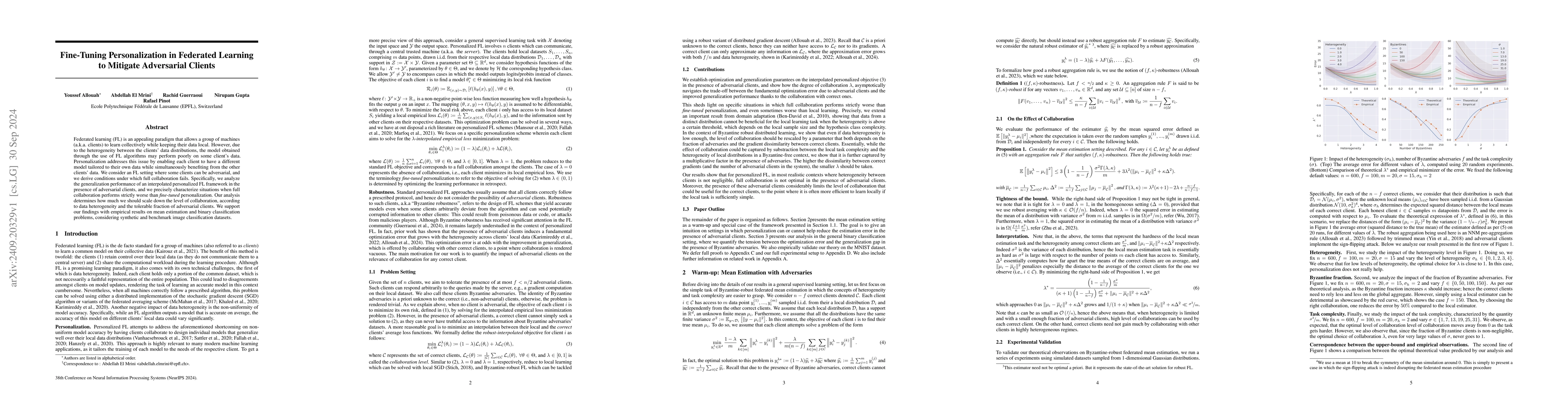 Thumbnail for Fine-Tuning Personalization in Federated Learning to Mitigate
  Adversarial Clients