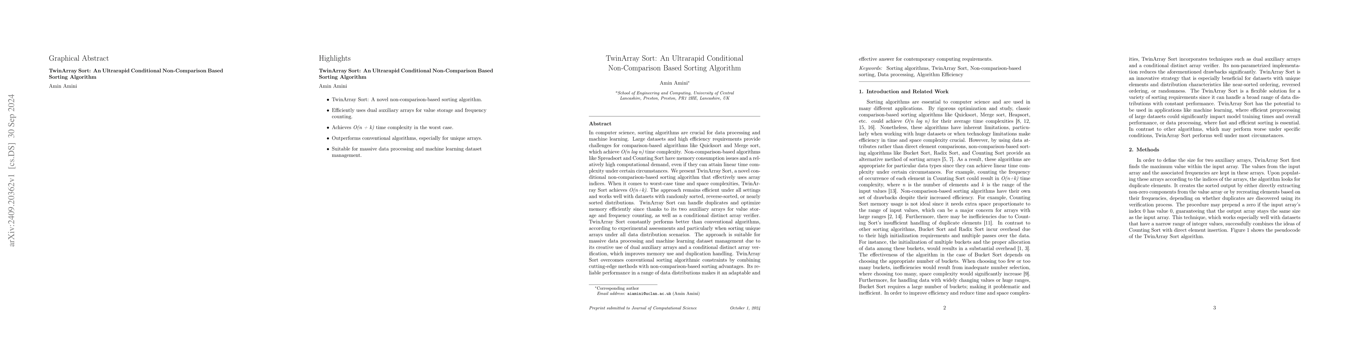 Thumbnail for TwinArray Sort: An Ultrarapid Conditional Non-Comparison Based Sorting
  Algorithm