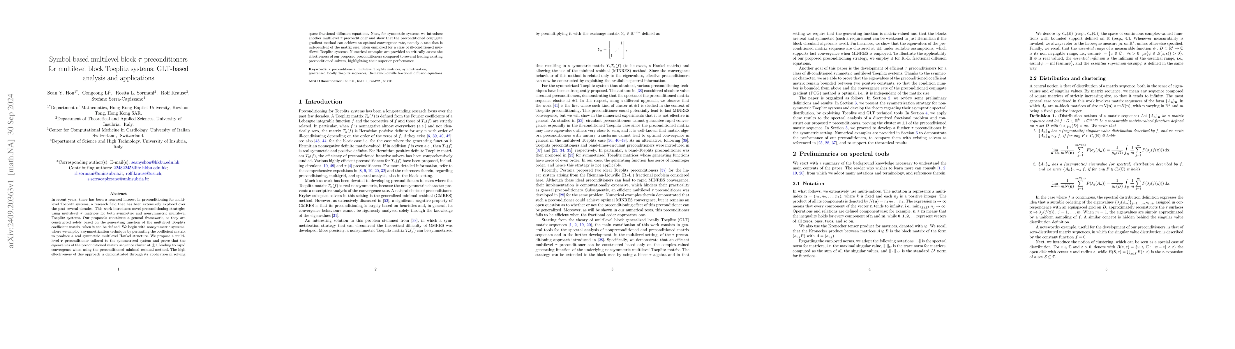 Thumbnail for Symbol-based multilevel block $τ$ preconditioners for multilevel
  block Toeplitz systems: GLT-based analysis and applications
